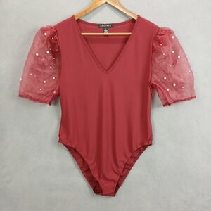 A Love Story Bodysuit Womens Large Red Glitter Stretch Puff Sleeve V Neck Modern